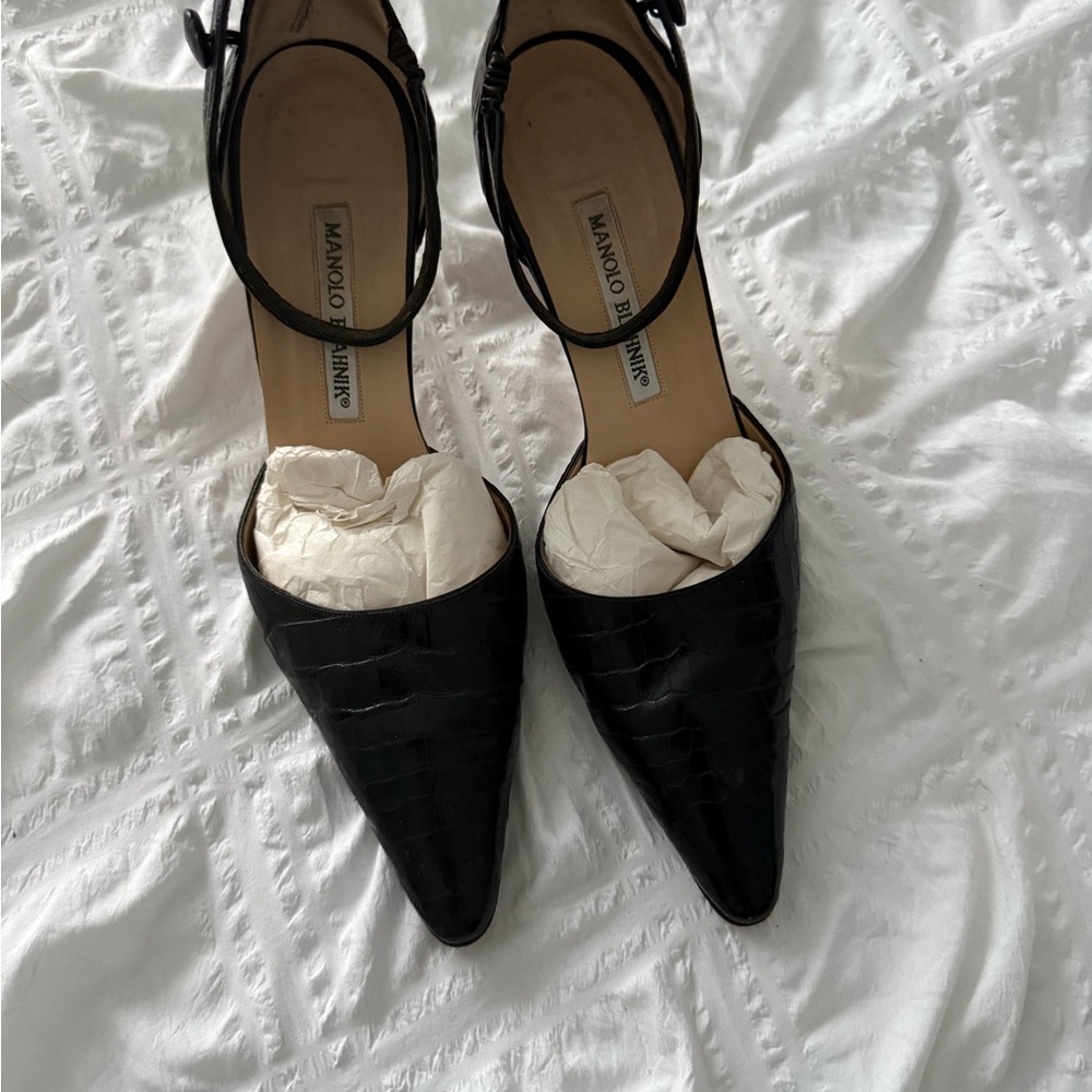 Manolo Blahnik Black Croc-Embossed Heels